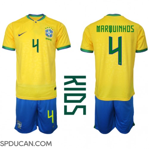 Dječji Nogometni Dres Brazil Marquinhos #4 Domaci SP 2022 Kratak Rukav (+ Kratke hlače)